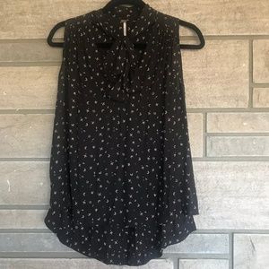 Free People Black Printed Bow Tie Keyhole Blouse